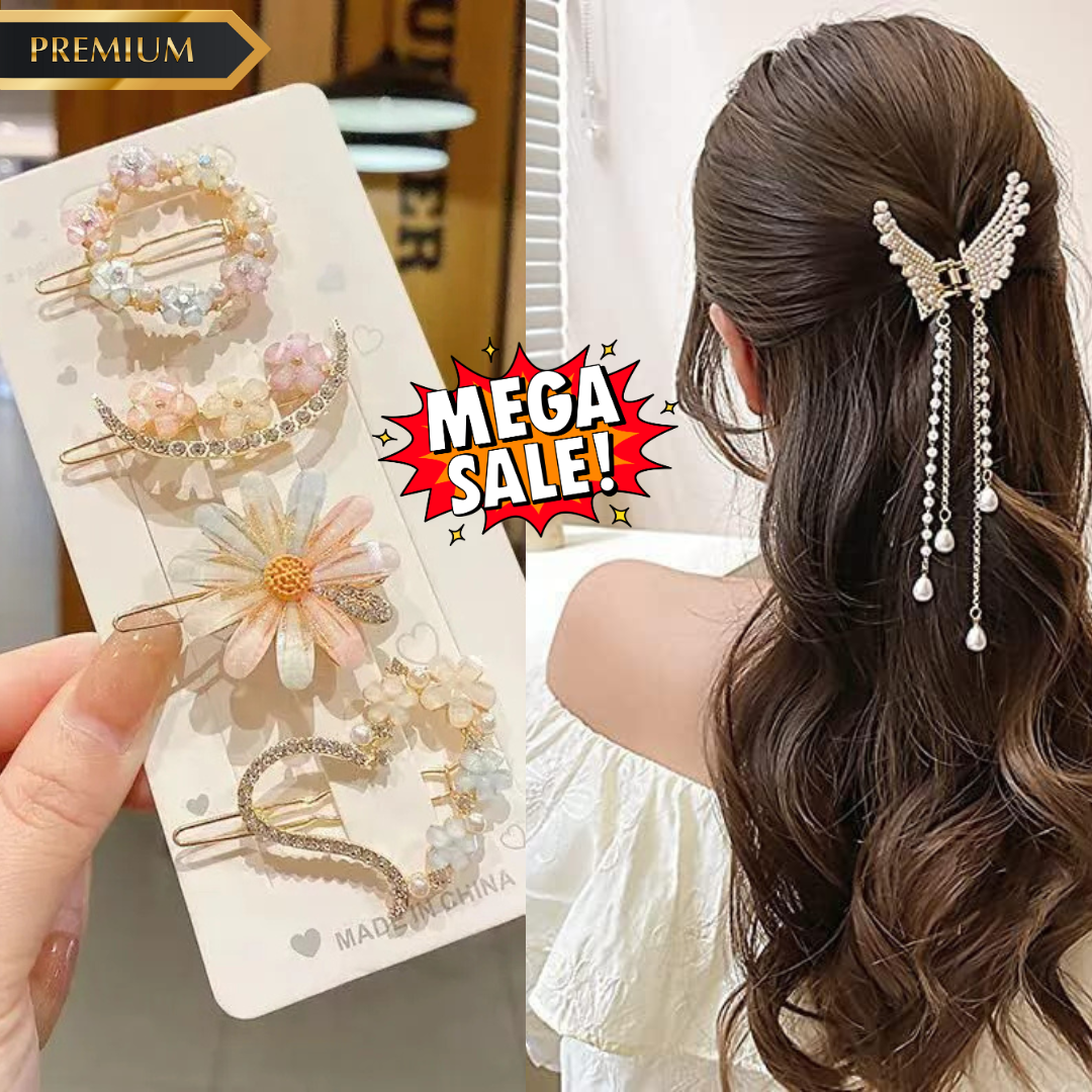 LATAFASHIONS    "Stylish Combo Pack: Pearl Wing Hair Claw & Floral Hair Clips"