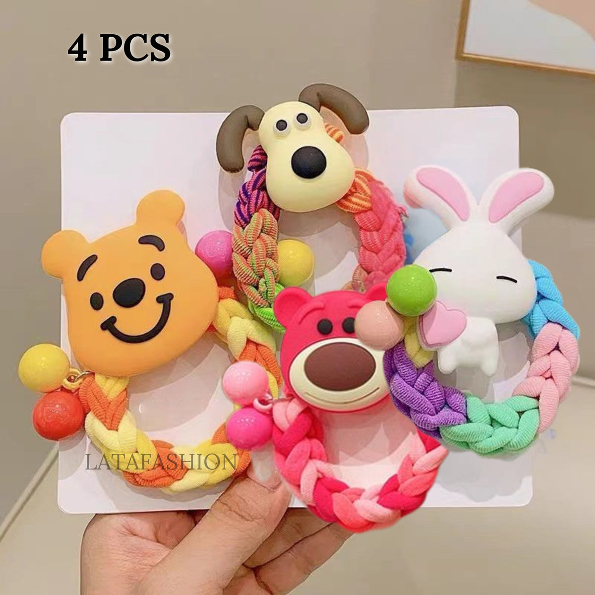 Cartoon Character Hair Accessories – Stretchy Rubber Bands (4 Pcs)
