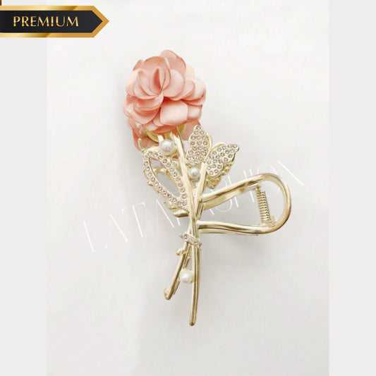 LATAFASHION Pink metal Rose Claw Clip Charming Pink Blossom Hair Clip pink and golden colorr Pack of 1