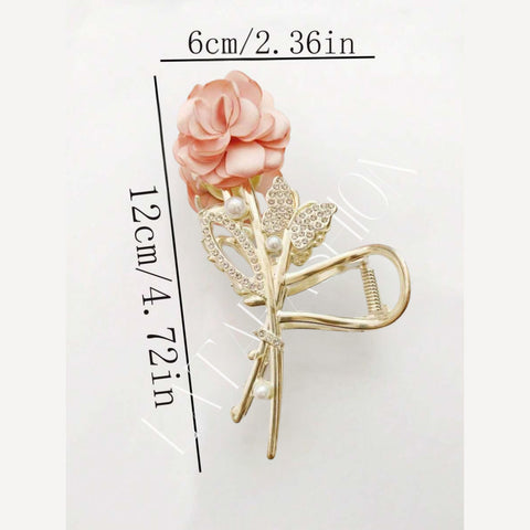 LATAFASHION Pink metal Rose Claw Clip Charming Pink Blossom Hair Clip pink and golden colorr Pack of 1
