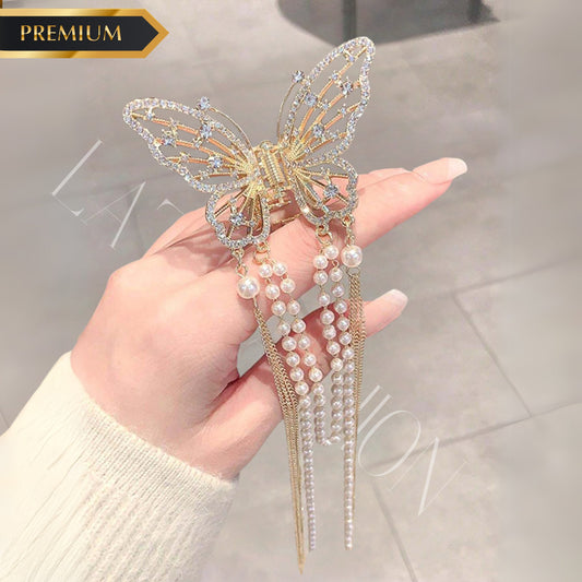 1pc Butterfly Tassel Hair Clip, Hollow Out Pearl & Rhinestone Decor, Hair Claw, Chic Hair Accessory Accessories Golden Clor Pack of 1