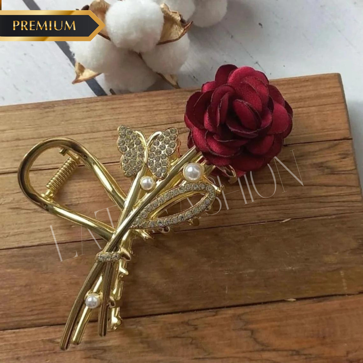 LATAFASHION Pink metal Rose Claw Clip Charming Pink Blossom Hair Clip pink and golden colorr Pack of 1