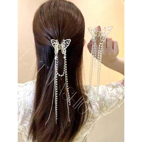 1pc Butterfly Tassel Hair Clip, Hollow Out Pearl & Rhinestone Decor, Hair Claw, Chic Hair Accessory Accessories Golden Clor Pack of 1