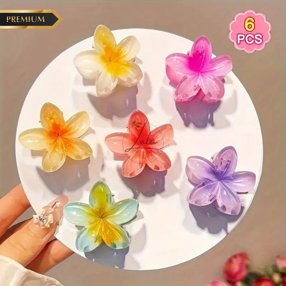 LATAFASHIONS Glossy Flower Jada Klipu Hair Accessory Pack for Women (6 Pcs)