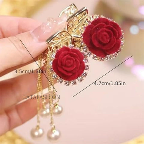 Latafashions Gold Floral Hair Claw with Rose Design Dangling Pearls – Vintage Style Pack of- 1