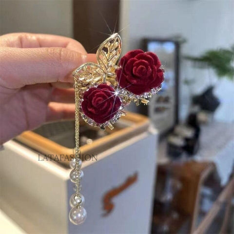 Latafashions Gold Floral Hair Claw with Rose Design Dangling Pearls – Vintage Style Pack of- 1