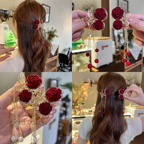 Latafashions Gold Floral Hair Claw with Rose Design Dangling Pearls – Vintage Style Pack of- 1